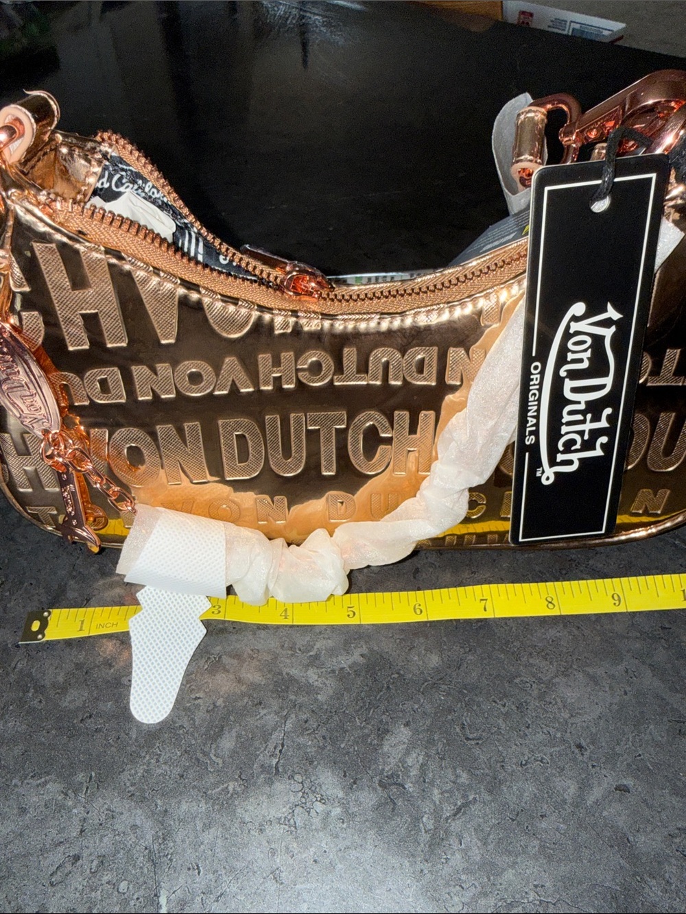Von Dutch Metallic Rose Gold Logo Shoulder Bag